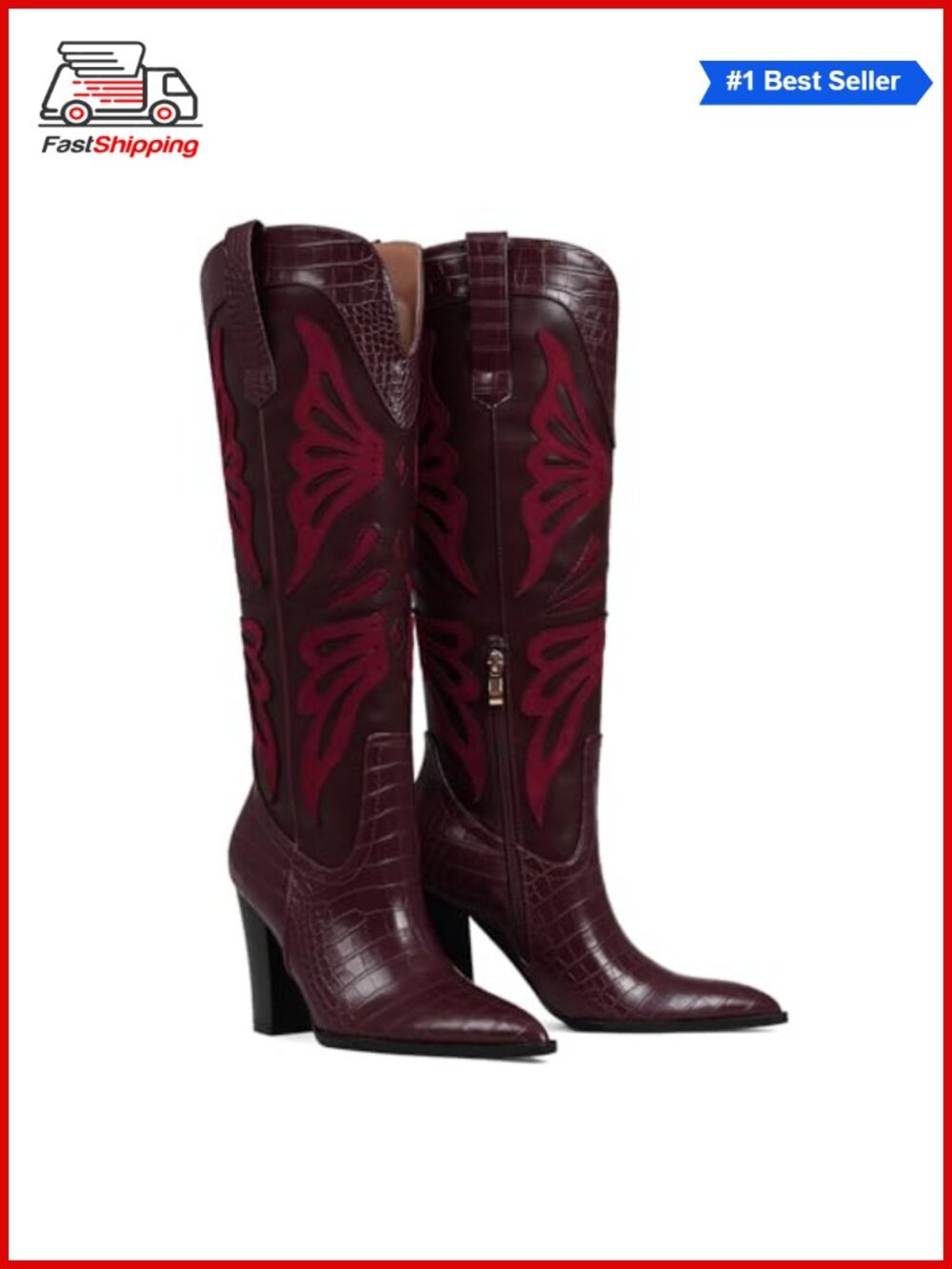 ✨ VOMIRA Women's Pointed Toe Chunky Heel Butterfly Cowboy Boots Wide Calf Knee - Picture 3 of 6